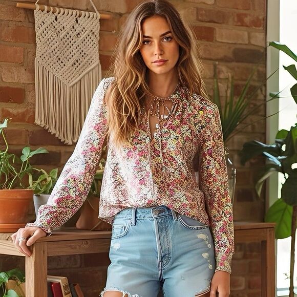 Gap Womens Blouse Sz Small Semi Sheer Ruffle Floral Boho Bohemian Romantic Retro - Picture 1 of 14